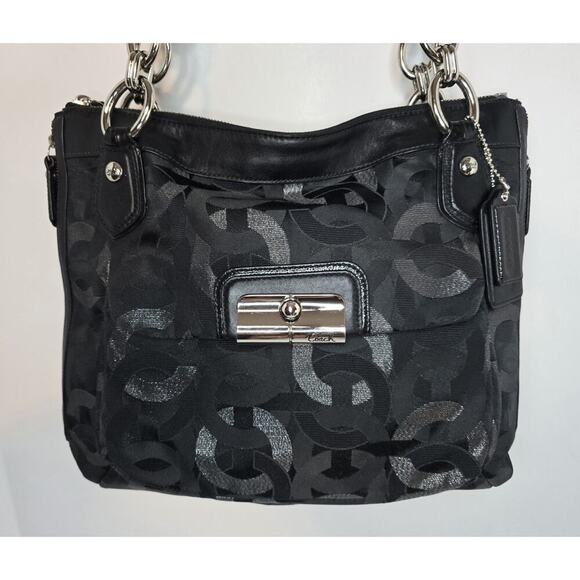 Coach Sig Kristin Metallic Zip Bag Tote Shoulder Bag Black/Silver 18286 - Picture 2 of 15